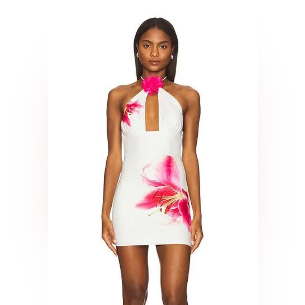 More to Come Leilani Mini Dress Small Floral Halterneck Jersey Knit Cocktail